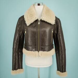 Michael Kors Size XS Brown Crackled Lambskin Leather Shearling Moto Jacket Coat